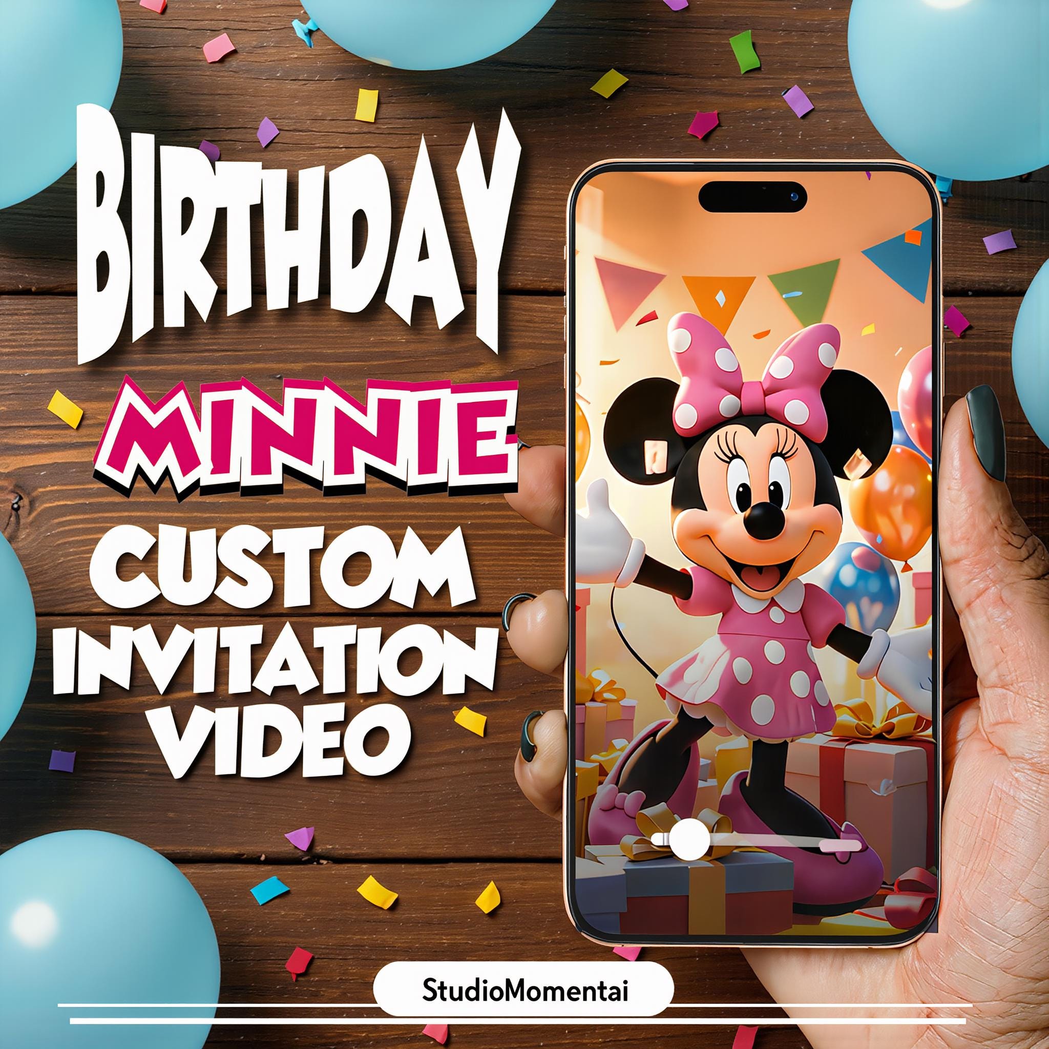 Minnie Mouse Birthday Invitation Video, Photo Personalized Animated Digital Party Invite