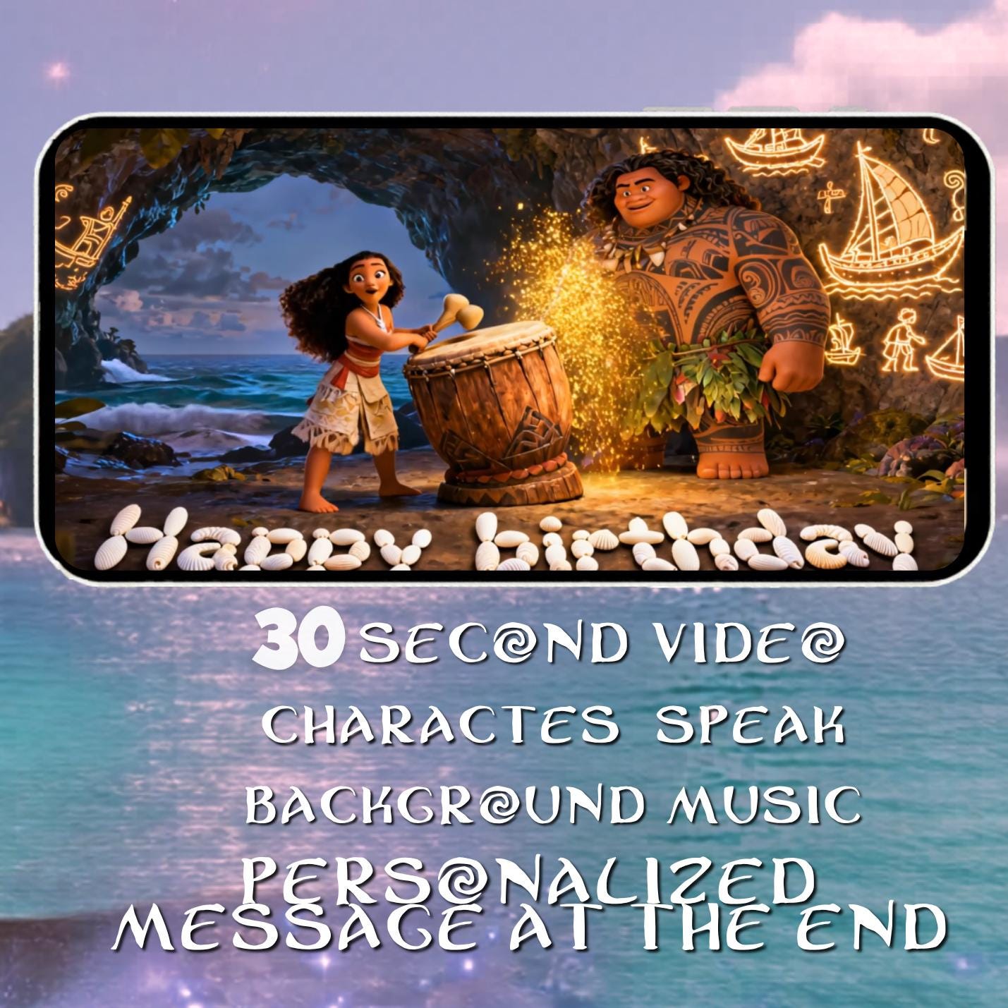 Urodzinowy prezent wideo Moana dla dziecka | Animowane wideo mobilne dla dzieci w hawajskim stylu z motywem Moany i Maui