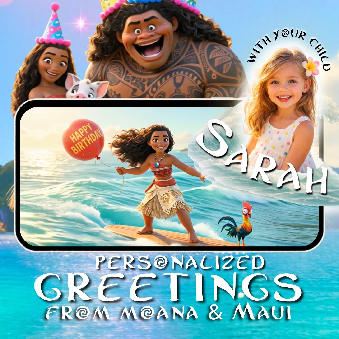 Urodzinowy prezent wideo Moana dla dziecka | Animowane wideo mobilne dla dzieci w hawajskim stylu z motywem Moany i Maui