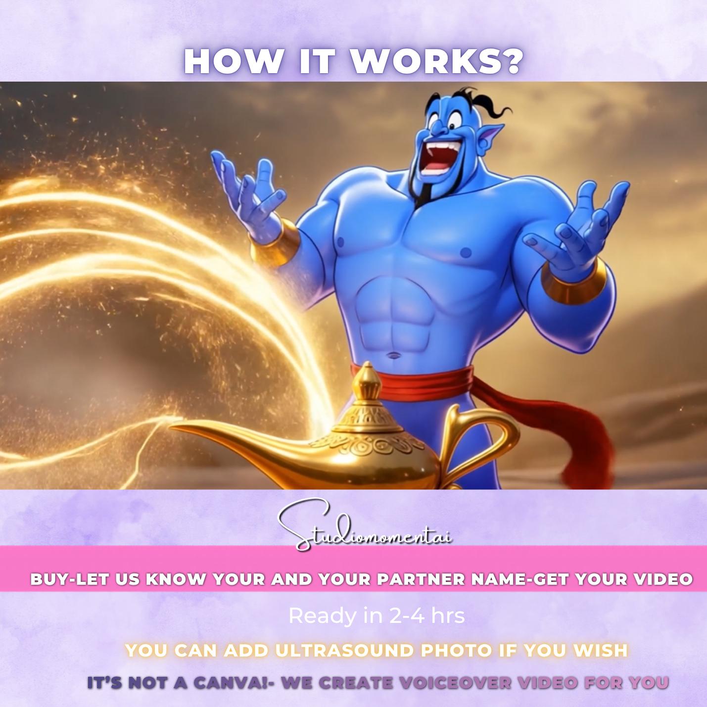 Personalised Aladdin Pregnancy Announcement Video | Custom Baby Reveal | Names Voiced | Same Day Delivery | Animated Baby Announcement