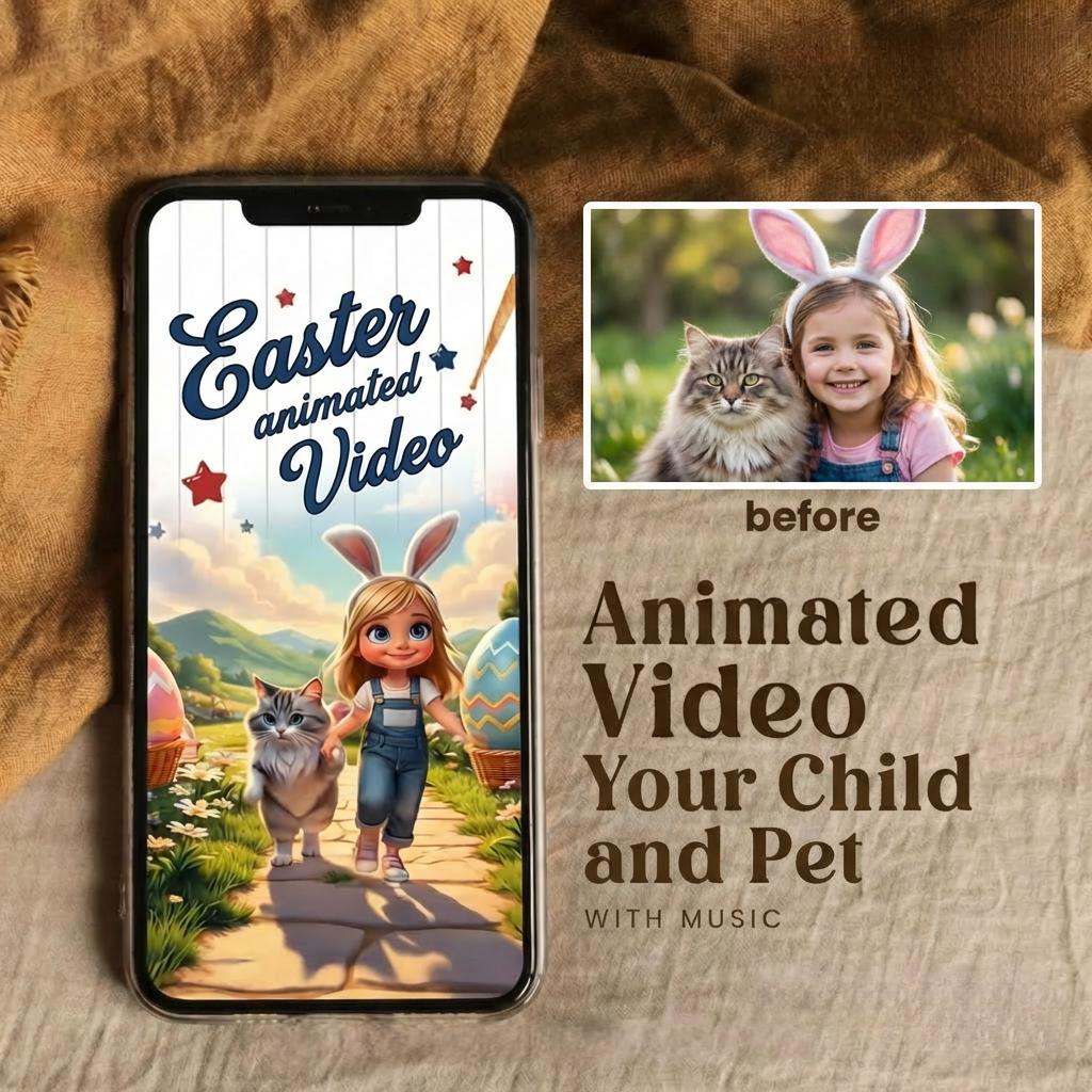 Vidéo de Pâques personnalisée | Animation enfant & animal de compagnie style Pixar | Dessin animé personnalisé à partir d’une photo