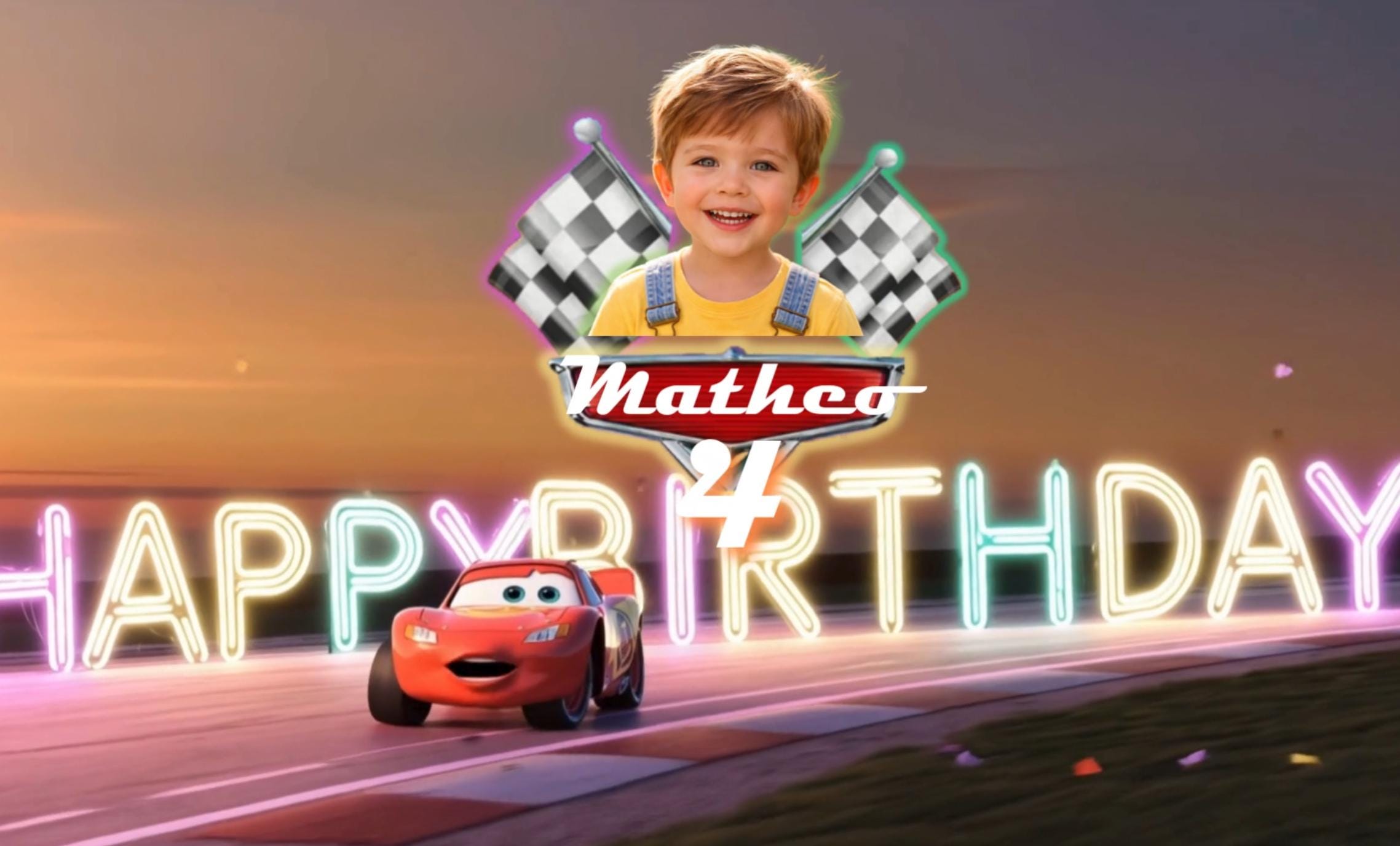 Lighting Mc Queen Birthday gift for child racing cars Greeting Video | Personalized animation with Child Photo and custom message