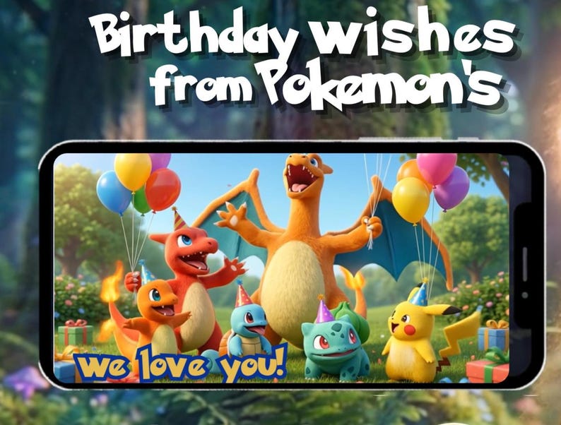Pokemon Birthday Video gift Invitation and greetings custom bundle Magical Enchanted Forest Party Pikachu Animated video for kids