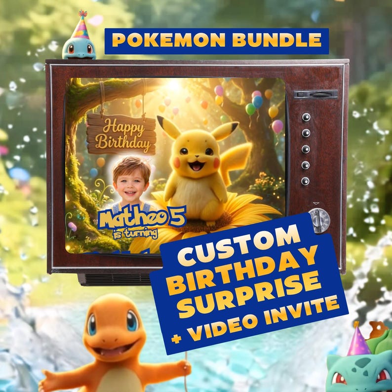 Pokemon Birthday Video gift Invitation and greetings custom bundle Magical Enchanted Forest Party Pikachu Animated video for kids