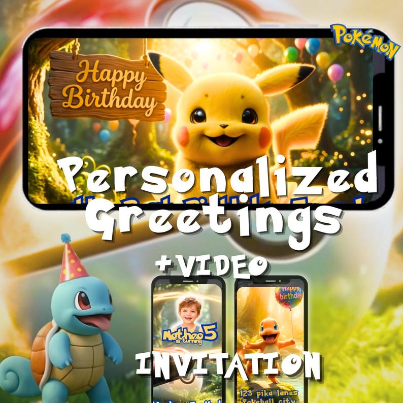 Pokemon Birthday Video gift Invitation and greetings custom bundle Magical Enchanted Forest Party Pikachu Animated video for kids