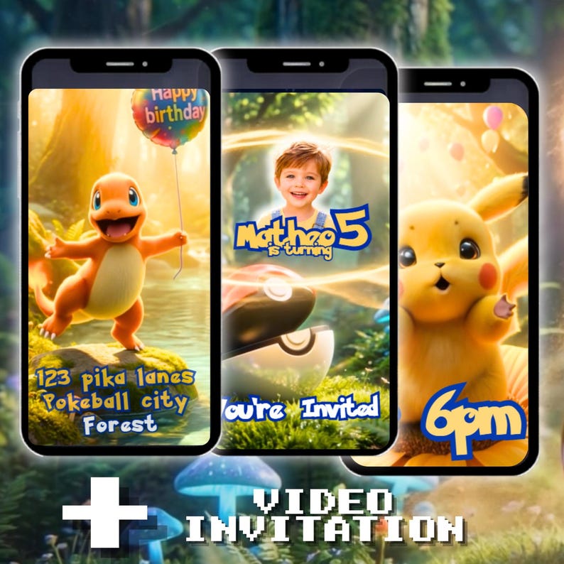 Pokemon Birthday Video gift Invitation and greetings custom bundle Magical Enchanted Forest Party Pikachu Animated video for kids