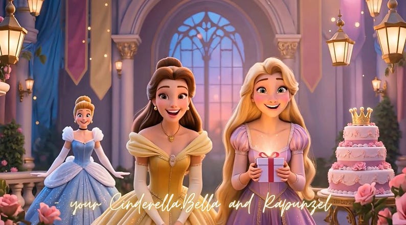 Princess Birthday Video: Animated Princesses Cinderella Bella Rapunzel Tangled birthday gift for girl (MP4 Digital instant Download) | Canva