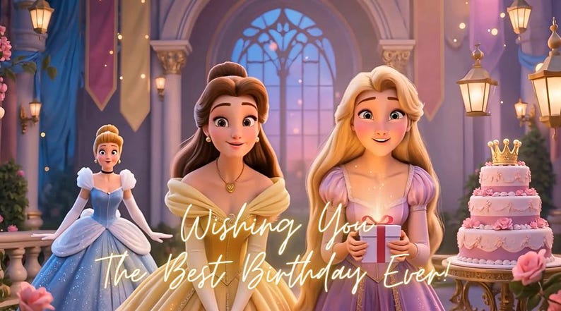 Princess Birthday Video: Animated Princesses Cinderella Bella Rapunzel Tangled birthday gift for girl (MP4 Digital instant Download) | Canva