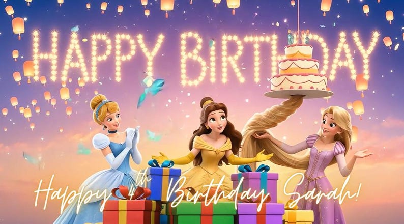 Princess Birthday Video: Animated Princesses Cinderella Bella Rapunzel Tangled birthday gift for girl (MP4 Digital instant Download) | Canva