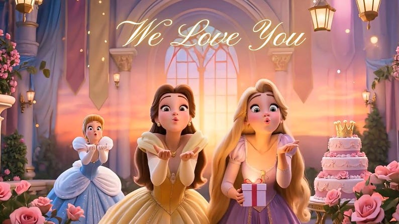 Princess Birthday Video: Animated Princesses Cinderella Bella Rapunzel Tangled birthday gift for girl (MP4 Digital instant Download) | Canva