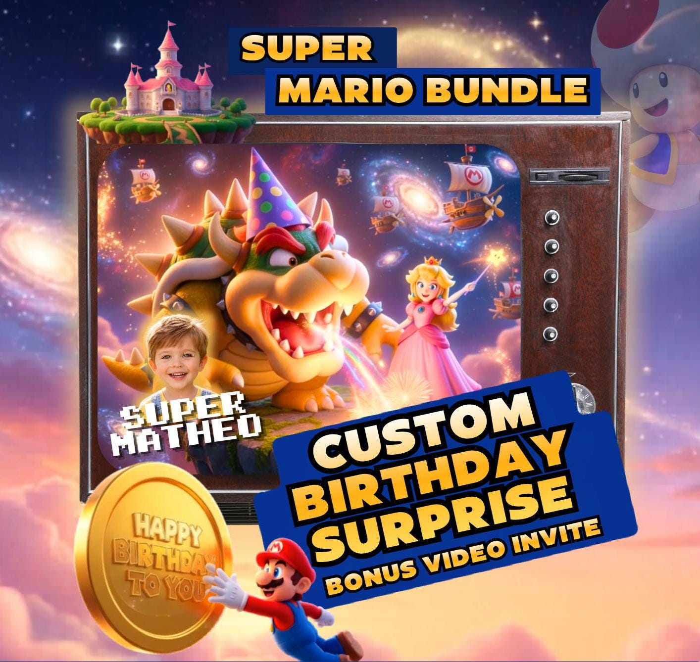 Urodzinowy film Super Mario dla dzieci, personalizowane życzenia i zaproszenie w motywie Galaxy Mario i Luigi
