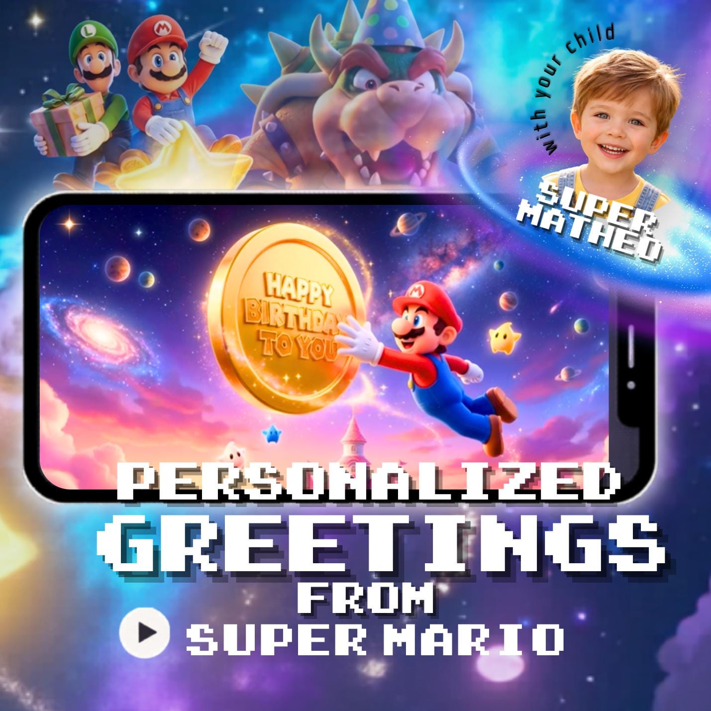 Urodzinowy film Super Mario dla dzieci, personalizowane życzenia i zaproszenie w motywie Galaxy Mario i Luigi