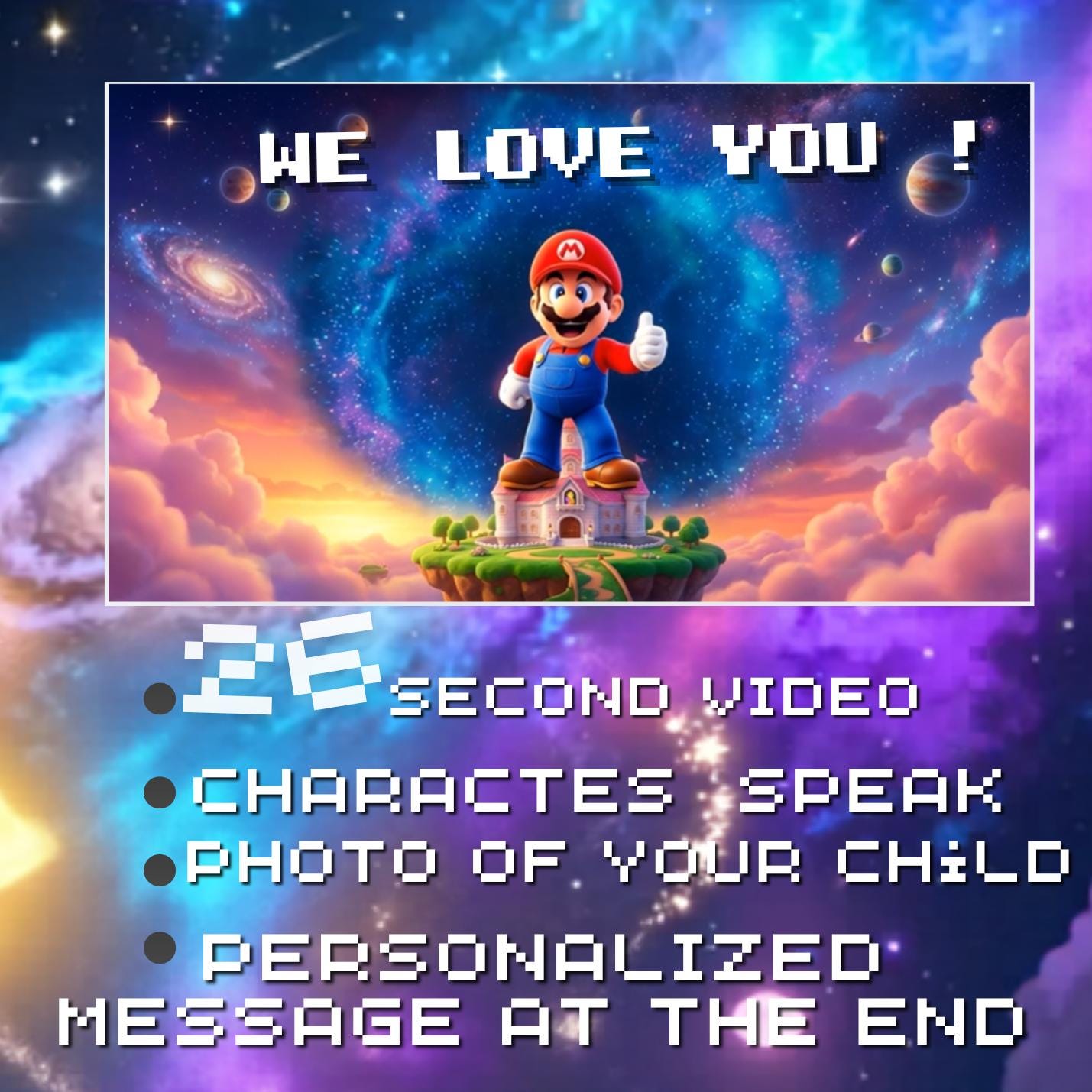 Urodzinowy film Super Mario dla dzieci, personalizowane życzenia i zaproszenie w motywie Galaxy Mario i Luigi