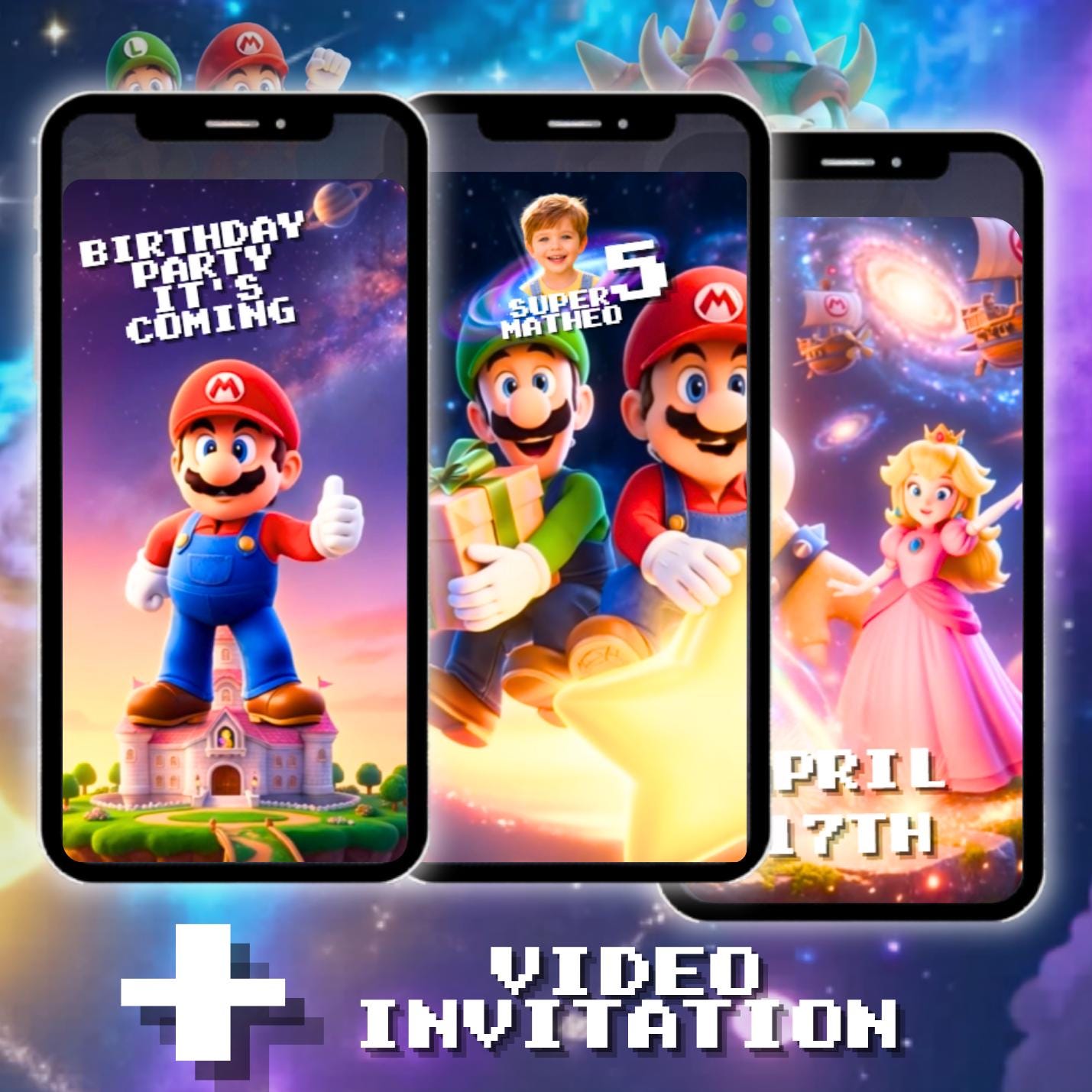 Urodzinowy film Super Mario dla dzieci, personalizowane życzenia i zaproszenie w motywie Galaxy Mario i Luigi