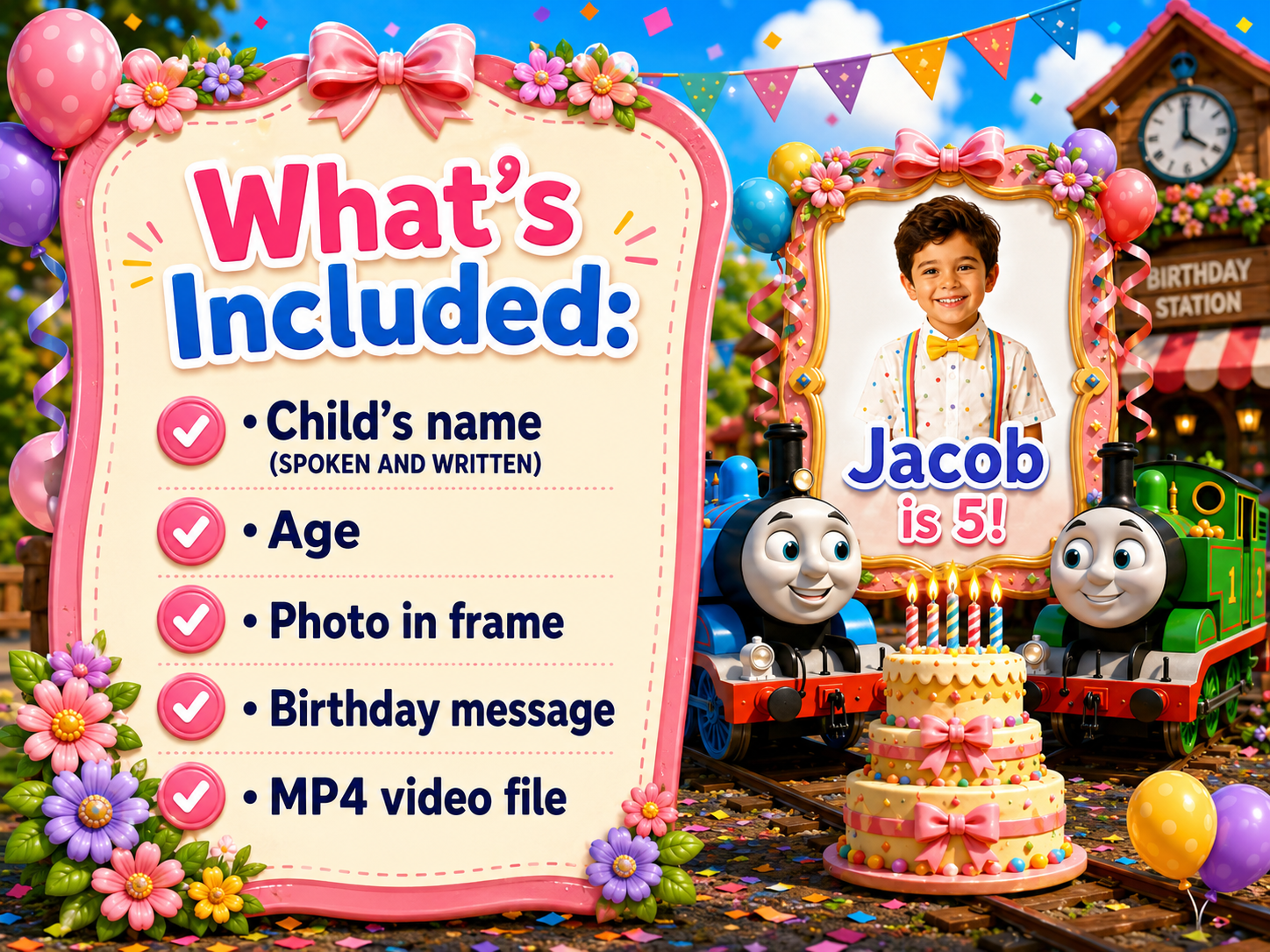 Personalized Thomas Train Birthday Video, Custom Birthday Wishes with Child Name Age and Photo, Kids Train Party MP4, Digital Birthday Video Gift