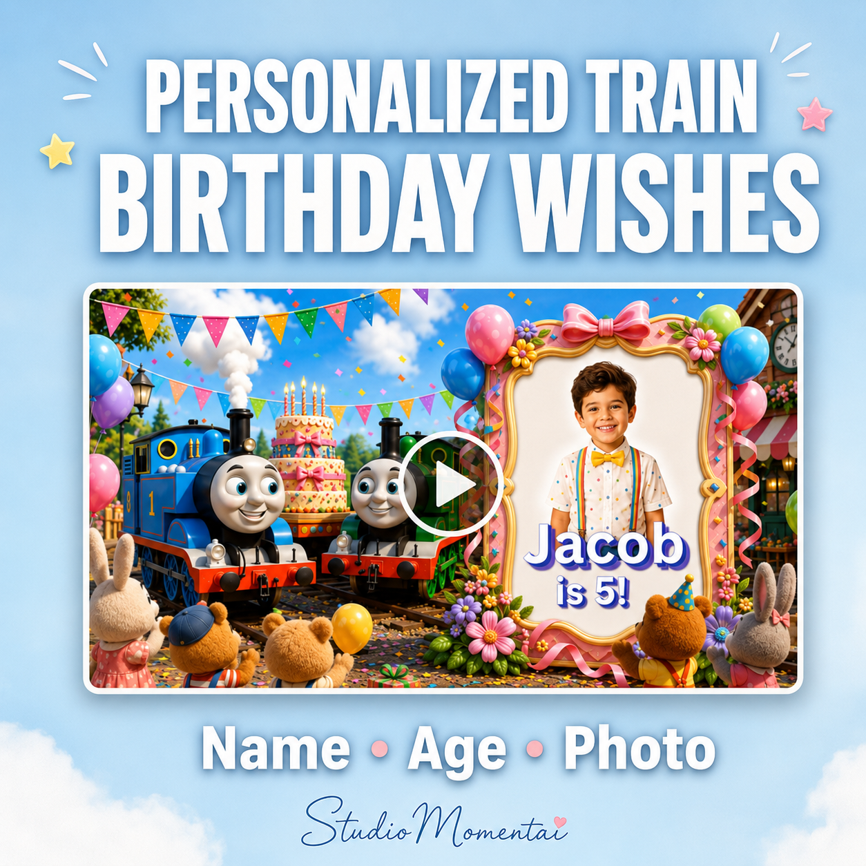 Personalized Thomas Train Birthday Video, Custom Birthday Wishes with Child Name Age and Photo, Kids Train Party MP4, Digital Birthday Video Gift
