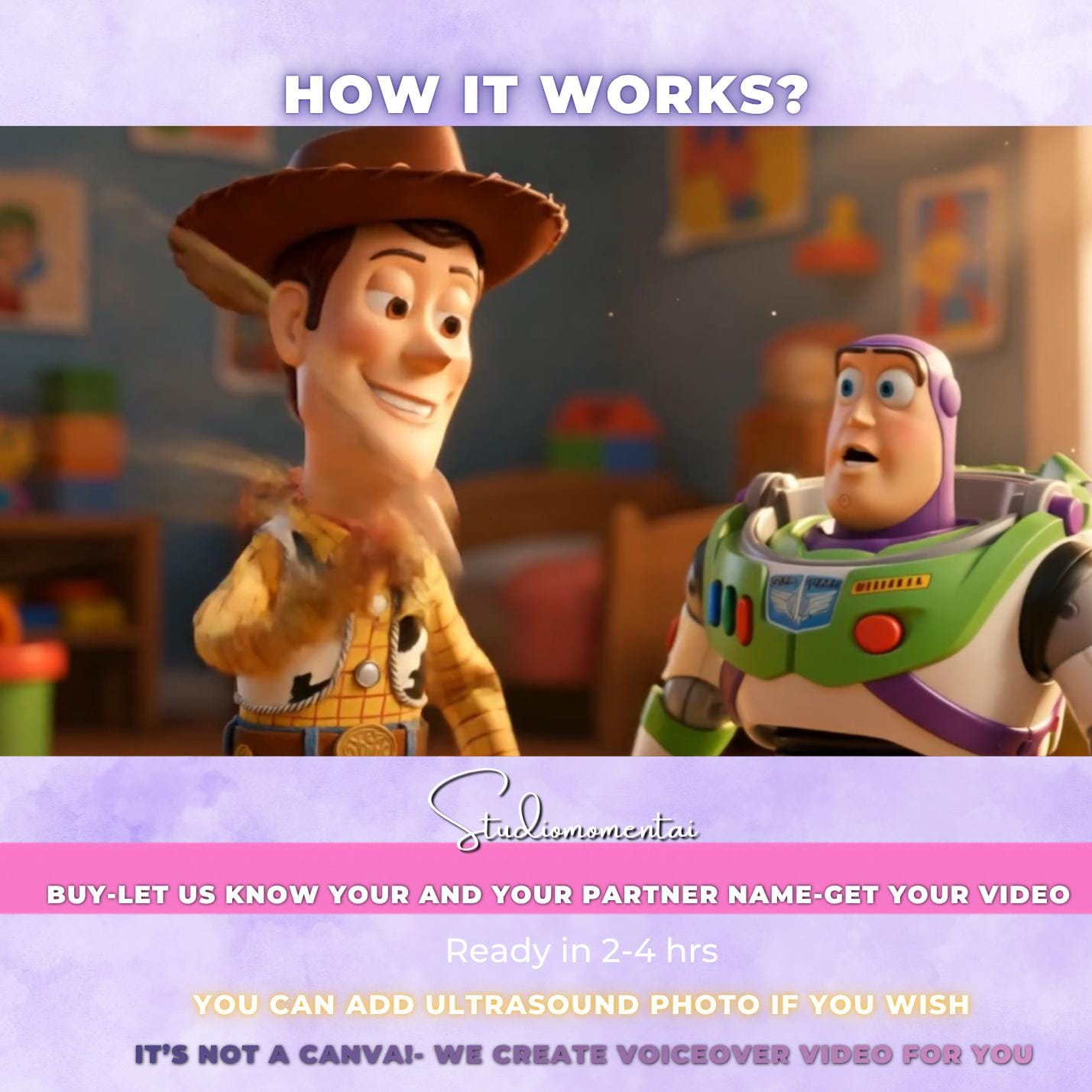 Personalizowany film z ogłoszeniem ciąży w stylu Toy Story | Baby reveal z Woodym i Buzzem | Wasze imiona w lektorze | Dostawa tego samego dnia | Animacja