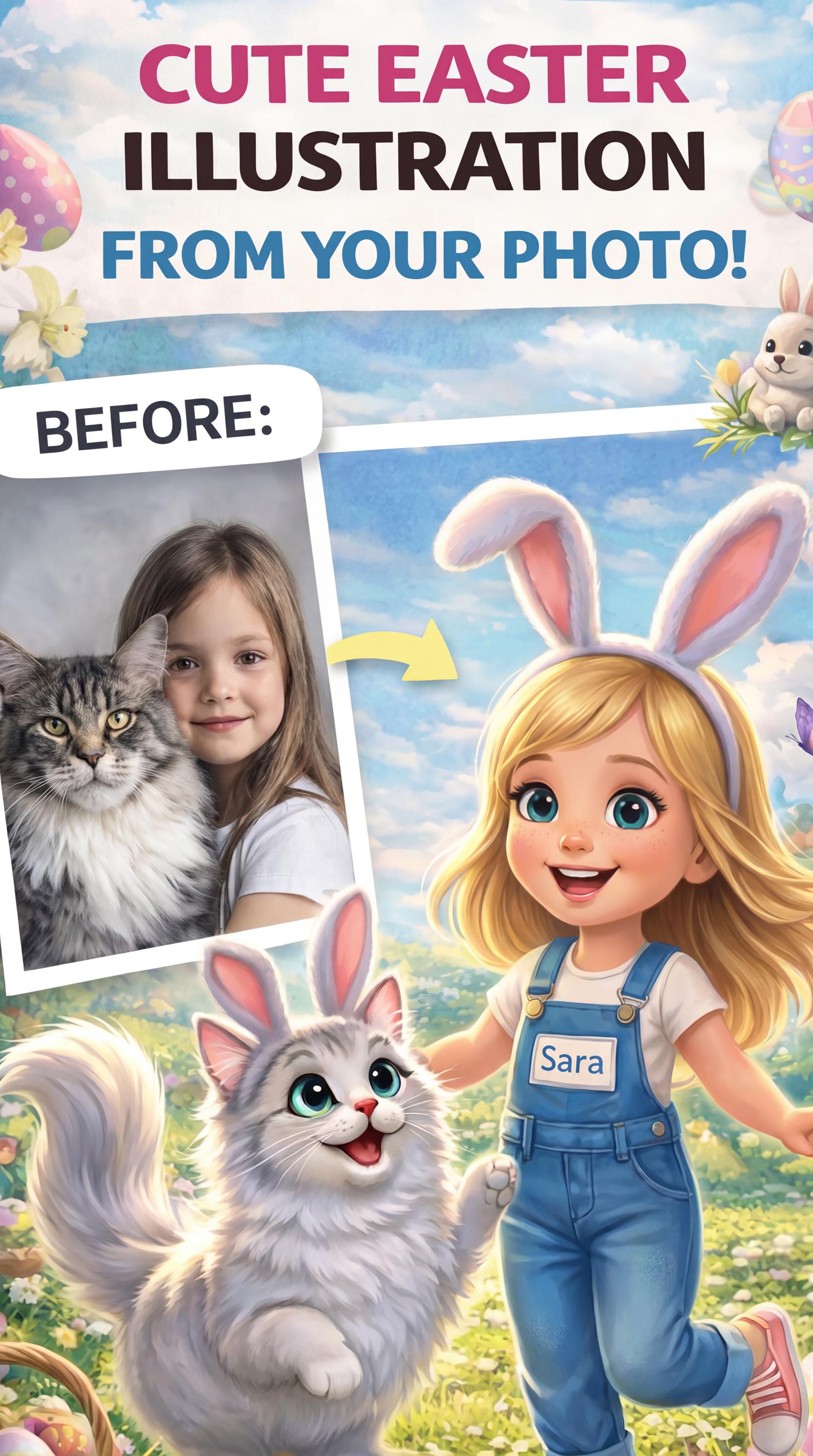 Vidéo de Pâques enfant et animal de compagnie style Pixar à partir d’une photo | Portrait cartoon animé personnalisé | Cadeau personnalisé pour enfant