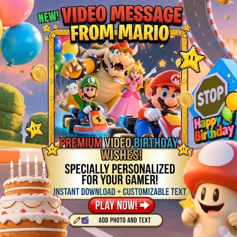 Super Mario kart Birthday Video for kids, Animated Wishes Mario and Luigi cars birthday gift, Instant access canva template digital