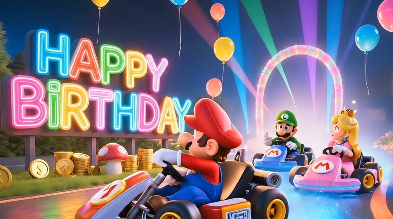 Super Mario kart Birthday Video for kids, Animated Wishes Mario and Luigi cars birthday gift, Instant access canva template digital