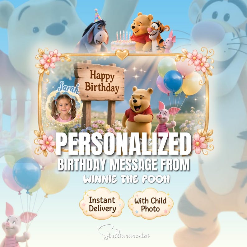 Winnie the Pooh Birthday Video, Editable Canva Template with Child Photo, Personalized MP4 Gift for Kids